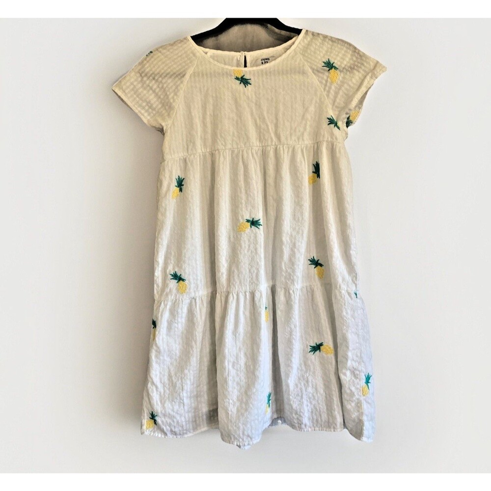 Crown & Ivy Kids 14 White Pineapple Embroidered Seersucker Tiered Dress Preppy‎